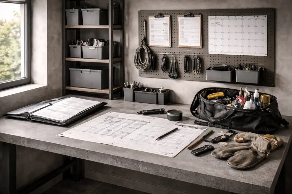 Maintenance planning desk illustrating load redistribution in home maintenance cycles, with blueprint layout and tool concentration zones