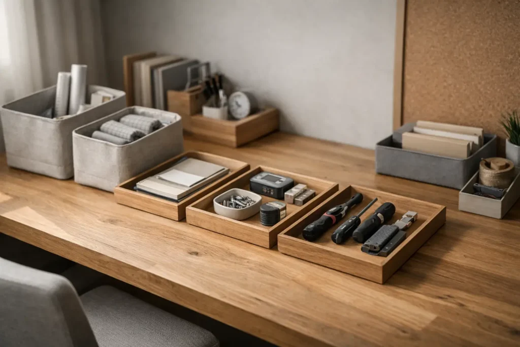 Low maintenance home system with structured tool organization and load distribution on a minimalist wooden desk