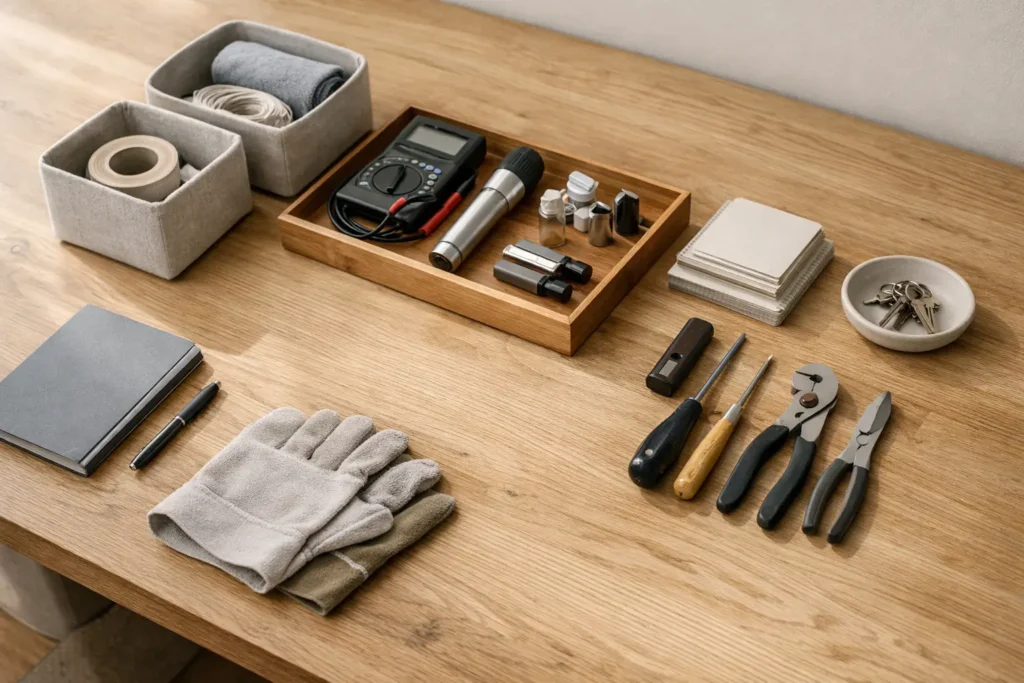 organized home maintenance task setup on wooden desk with tools and storage system