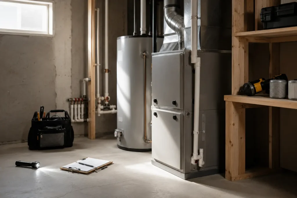 Residential utility room showing HVAC equipment, plumbing and preventive inspection setup designed to help prevent expensive home repairs through structured maintenance.