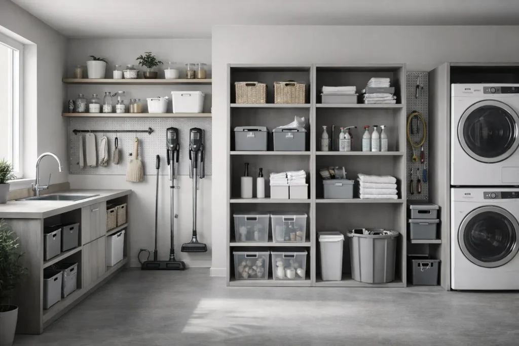 Utility room organized as a preventive home maintenance plan, showing structural load distribution and long-term upkeep system