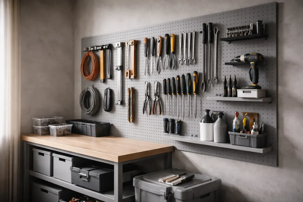 Preventive tool grouping system with organized wall-mounted tools in a structured home maintenance setup