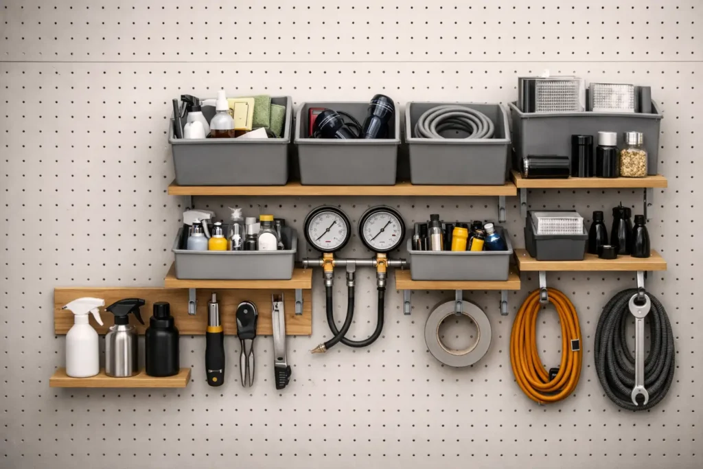 Organized pegboard tool wall illustrating a simple home maintenance plan with structured preventive storage and load distribution.