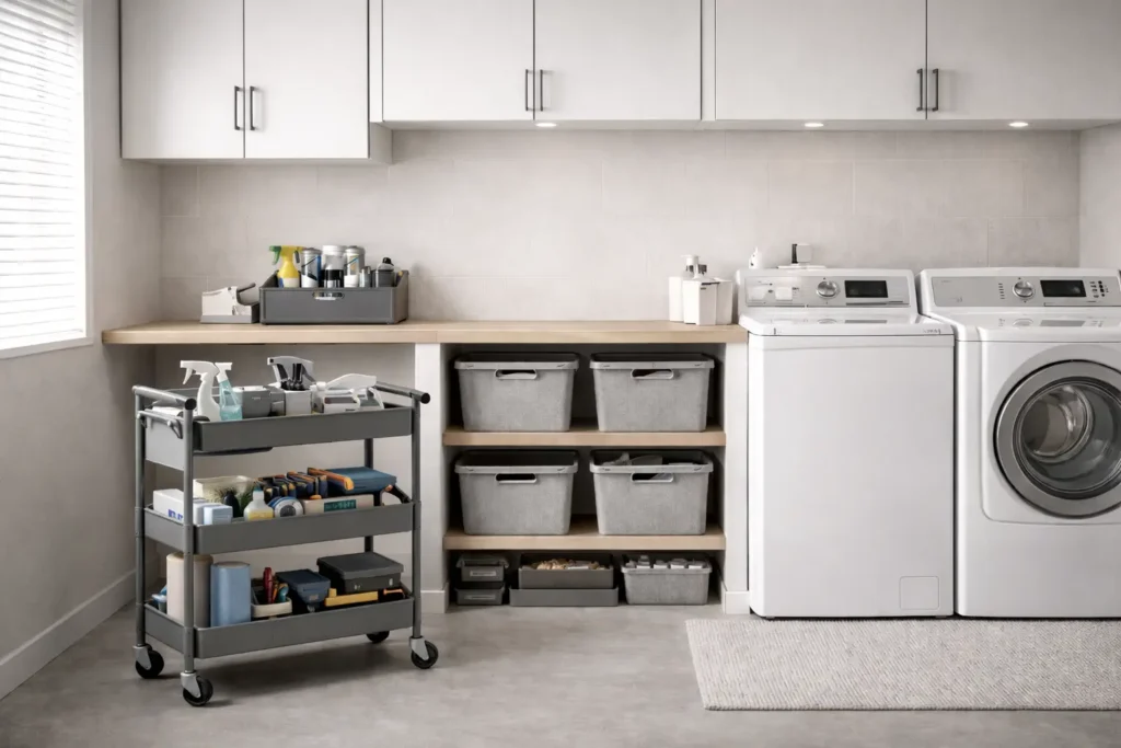 Organized laundry and utility space representing a structured weekly home maintenance schedule within a balanced household system