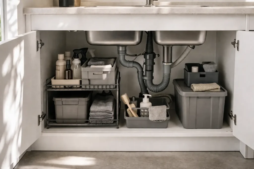organized under-sink storage system with cleaning supplies and plumbing components for long-term home maintenance