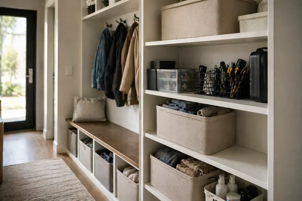 organized entryway storage system with bins and shelves for efficient small home maintenance