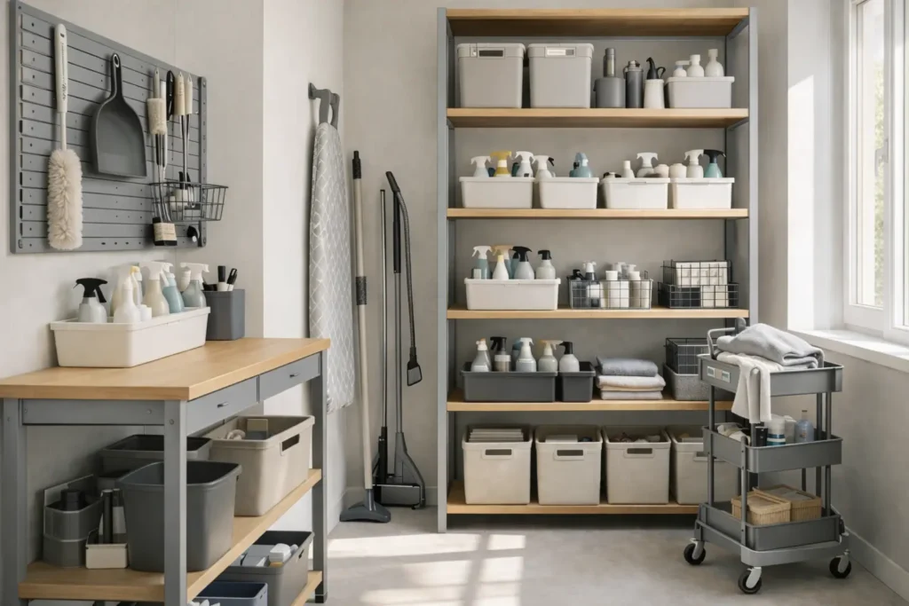 organized utility room with gray storage system and cleaning tools for efficient home maintenance