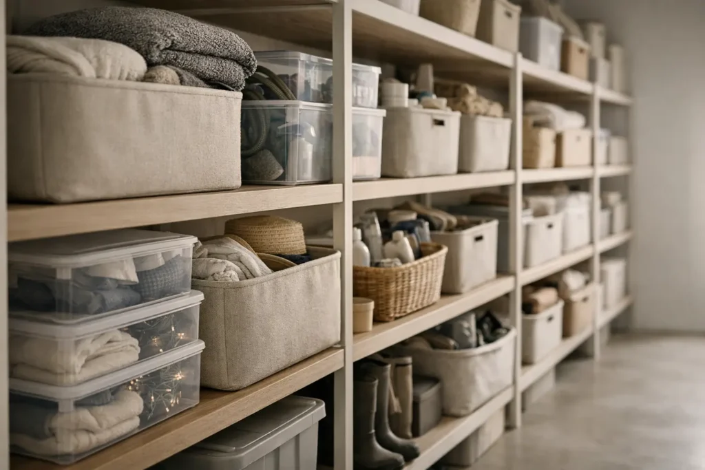 seasonal home maintenance storage system with organized bins showing spring rotation setup