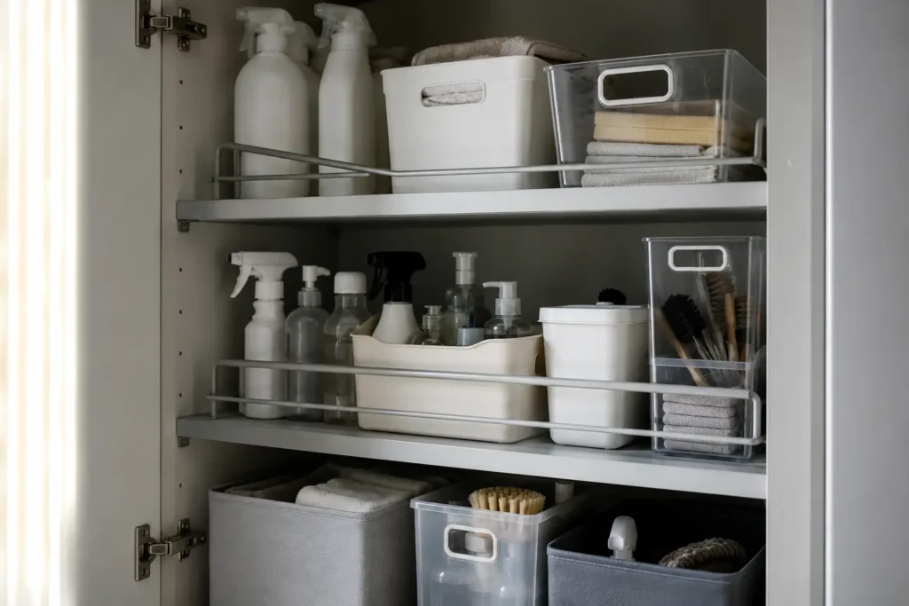 Organized household maintenance cabinet showing weekly home maintenance checklist system with structured room-by-room task distribution