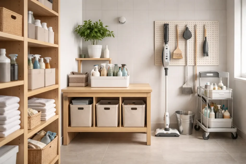 organized utility room with cleaning tools and storage system for weekly home maintenance tasks