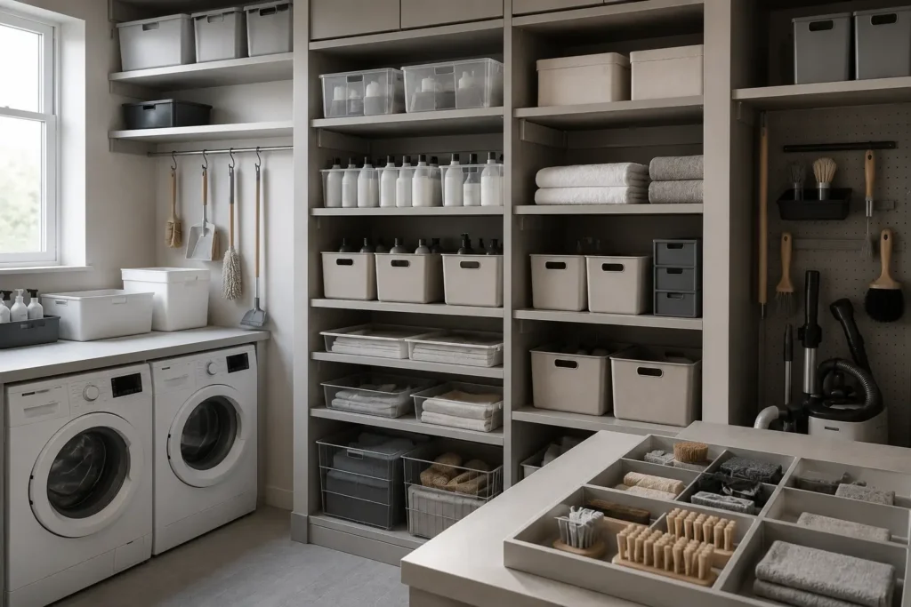 organized laundry system with structured storage supporting daily reset and household maintenance stability