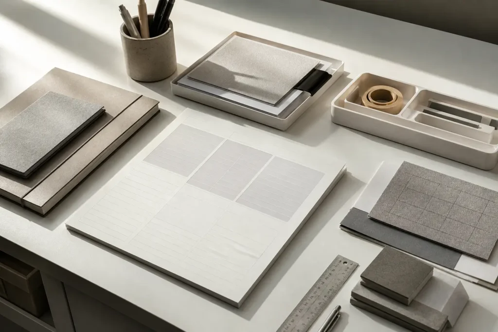minimalist planning desk with structured layout representing household system architecture and long-term maintenance organization