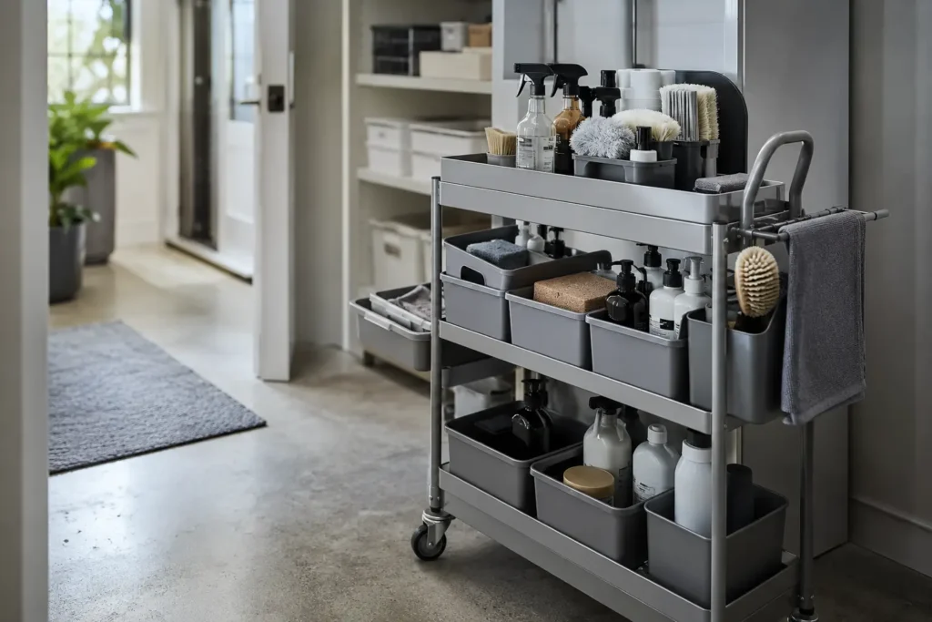 organized cleaning cart with structured tools and containers supporting preventive monthly home maintenance system