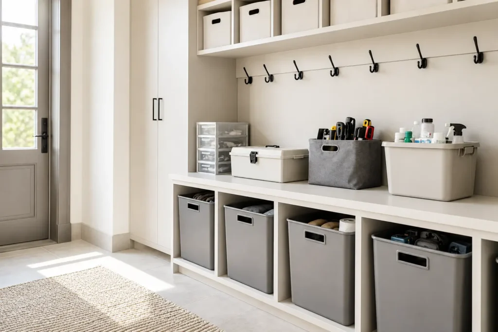 organized entryway storage system with bins and tools supporting structured monthly home maintenance and load distribution